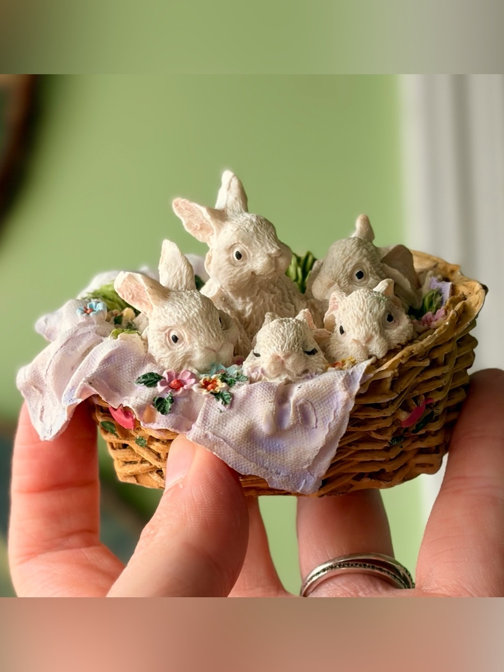 Vintage Cottagecore Bunnies in Wicker Basket with Blanket Figurine Art Decor - Picture 2 of 5